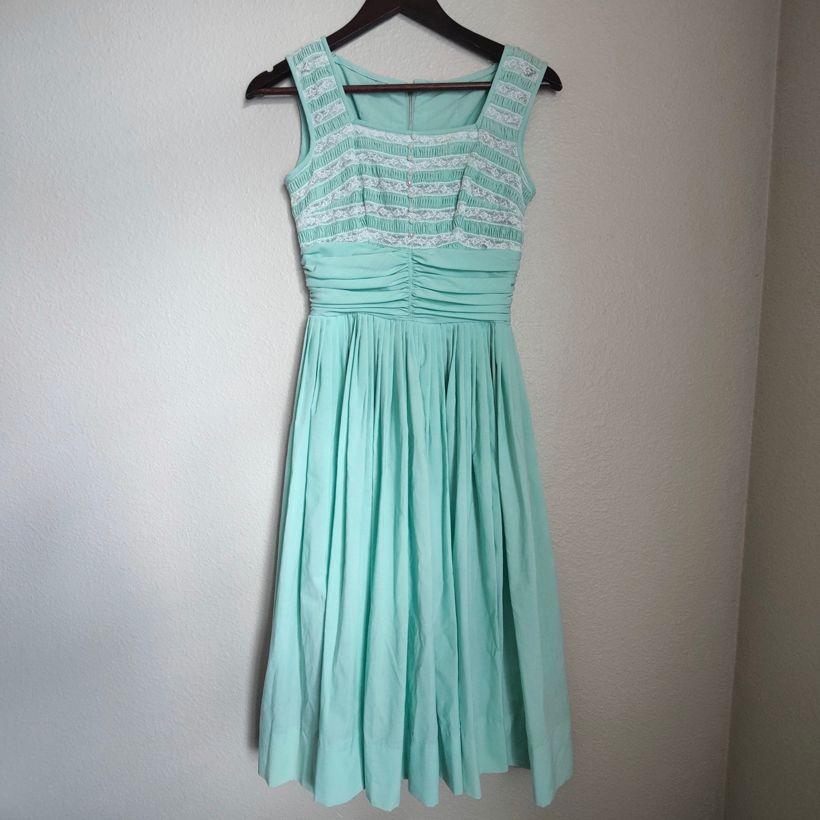 Vintage 1950s Tailored Junior Mint Green Day Dress Swing Pinup Retro Fit & Flare