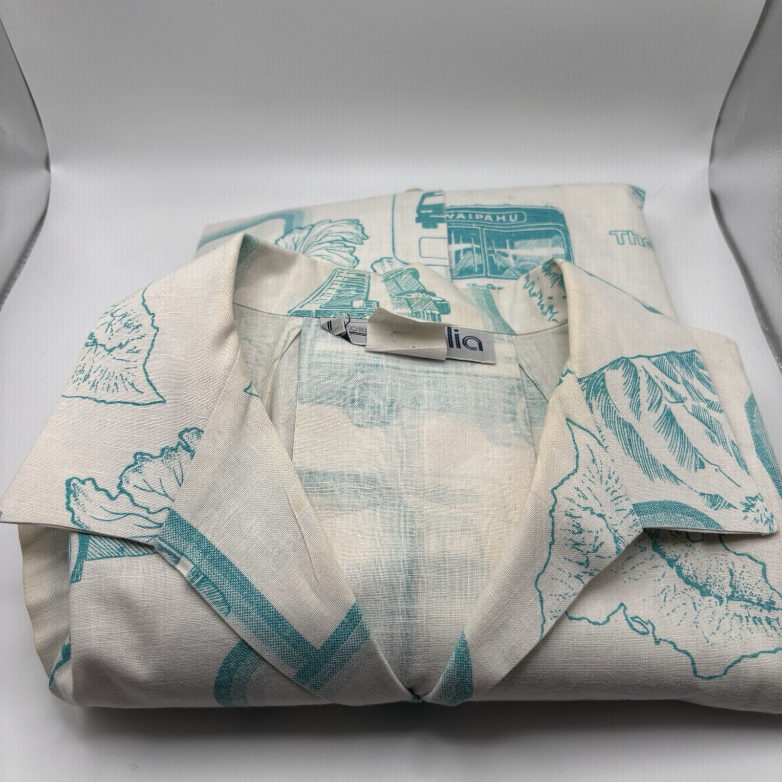 Vintage Hawaiian Aloha TheBus Bus Driver Uniform Shirt White Teal Size 14