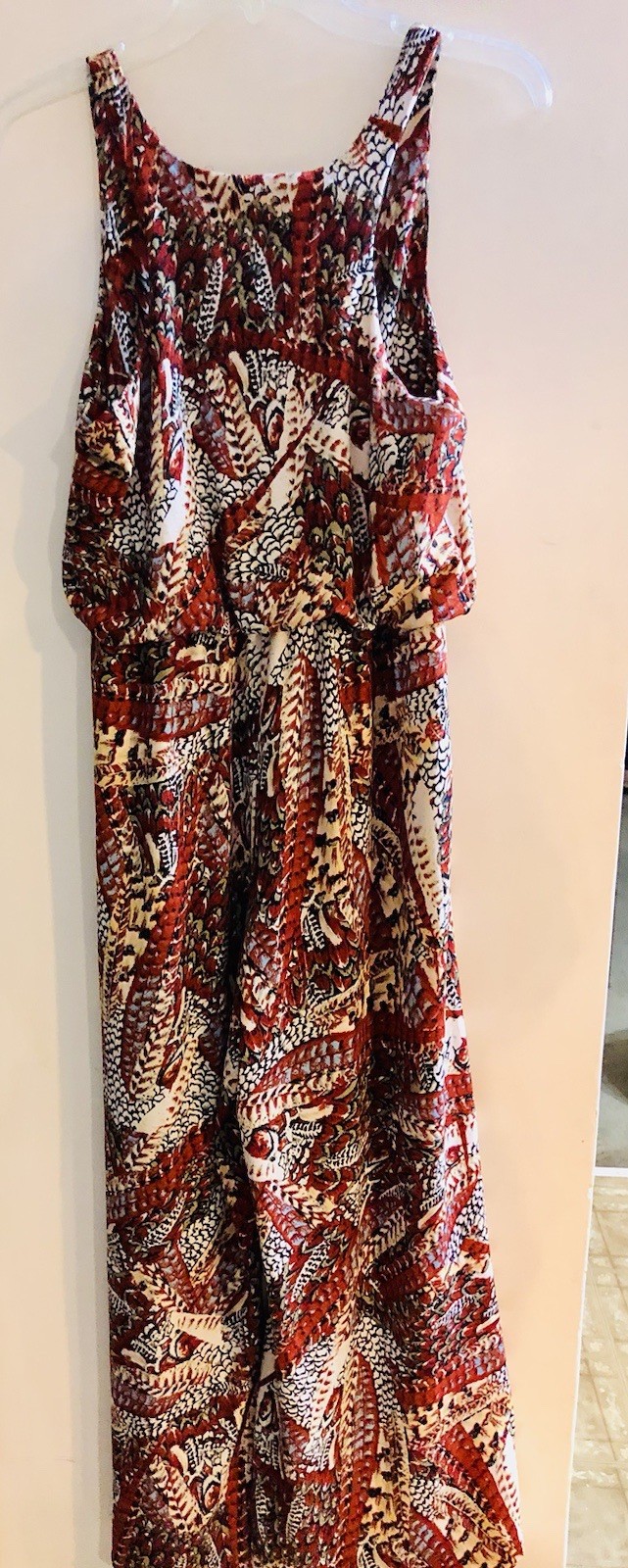 Women’s Size M Sleeveless 1 Piece Long Pants Orange Print Romper 53” Neck To Hem