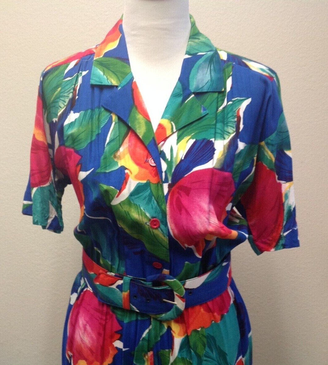 Vtg Jessica Howard Multi-Colored Tulips Button Down Dress Size 14