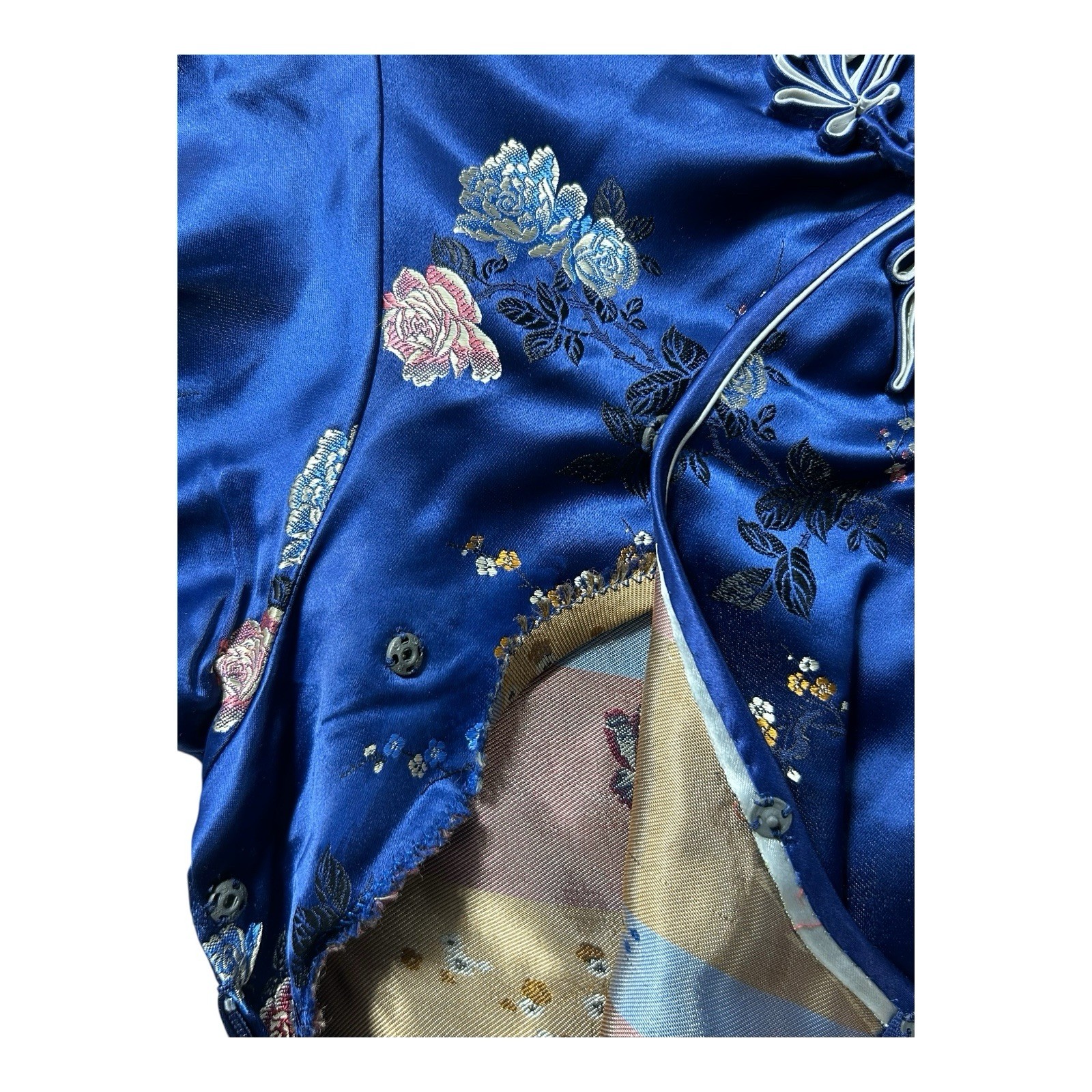 Vintage Solz Squirrel Blue Floral Satin Cheongsam Dress Women’s Size 38
