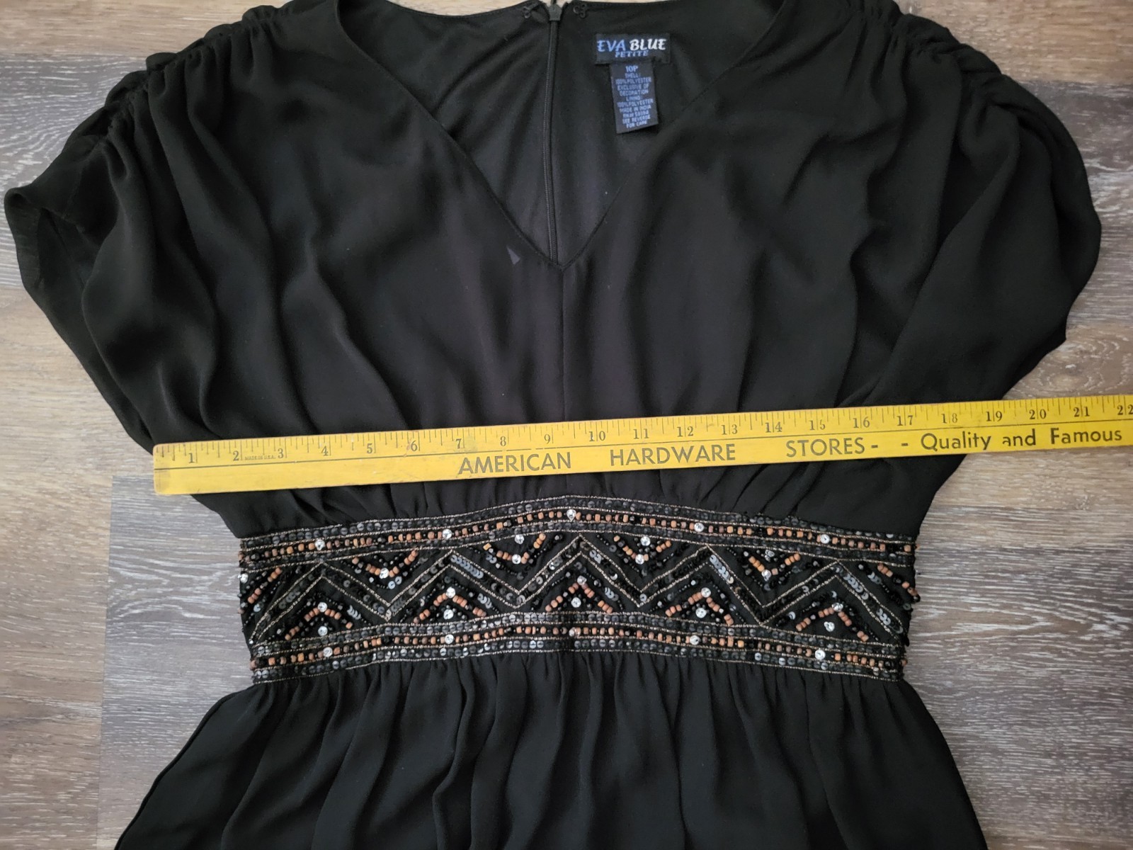 Vintage Eva Blue Dress Black Chiffon Lined Embellished Waist Petite Sz 10