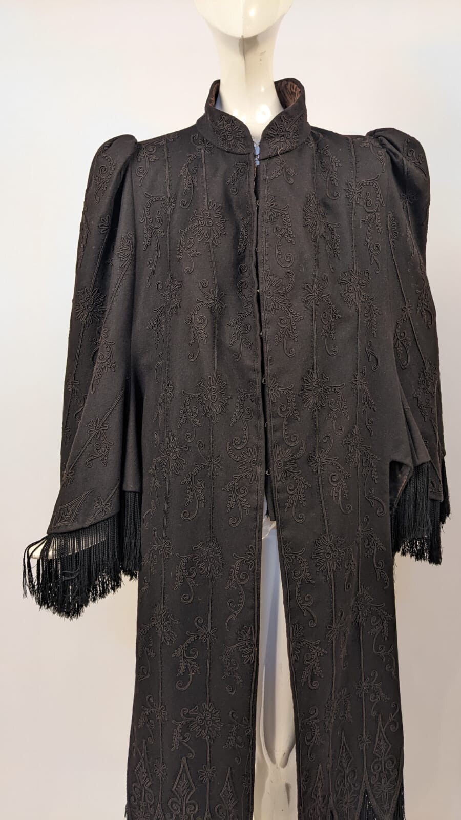 FANCIFUL VICTORIAN 1870’S BUSTLE BACK CAPE W RICH SOUTACHE + FRINGE ADORNMENT