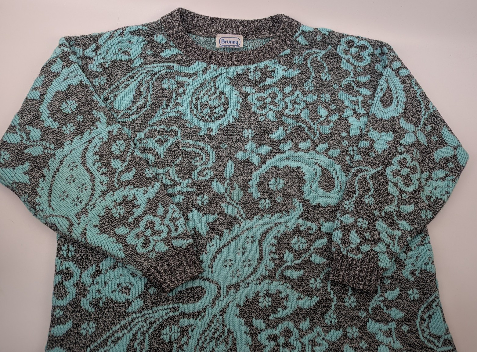 Vintage Brunny Paisley Knit Sweater Turquoise Gray Crew Neck Made in USA