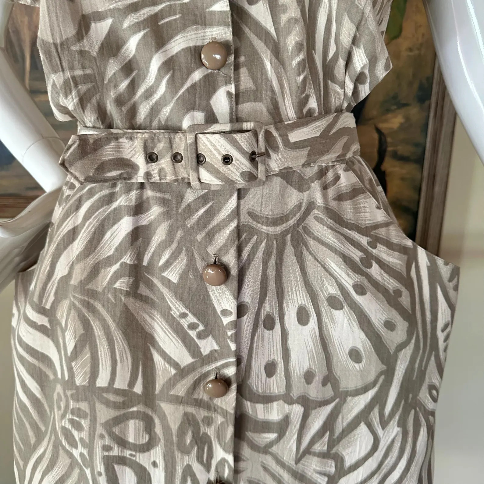 Vintage 1980s Seashell Safari Pin-up Shirtwaist Uniform Wiggle Dress L/XL