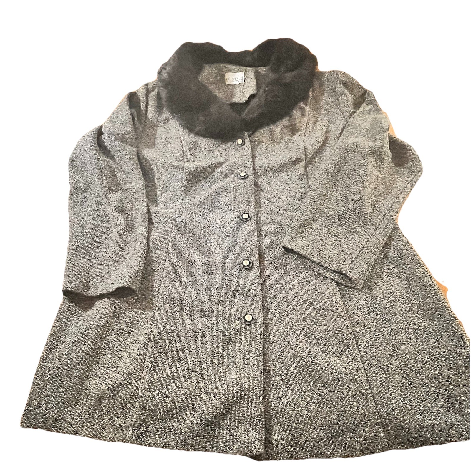 VTG KC Spencer Black Gray Coat Size 22 Faux Fur Collar Mob Wife Retro Old Money