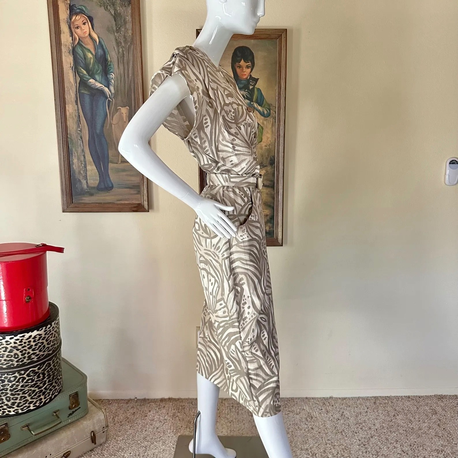 Vintage 1980s Seashell Safari Pin-up Shirtwaist Uniform Wiggle Dress L/XL