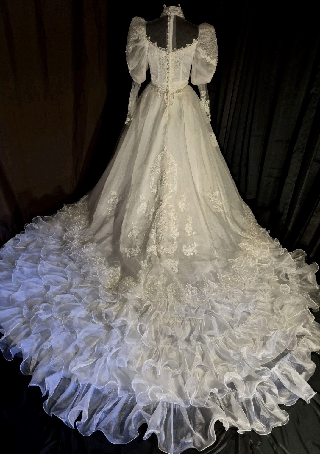 Vintage White Lace Wedding Dress Victorian Puff Sleeves Sz S