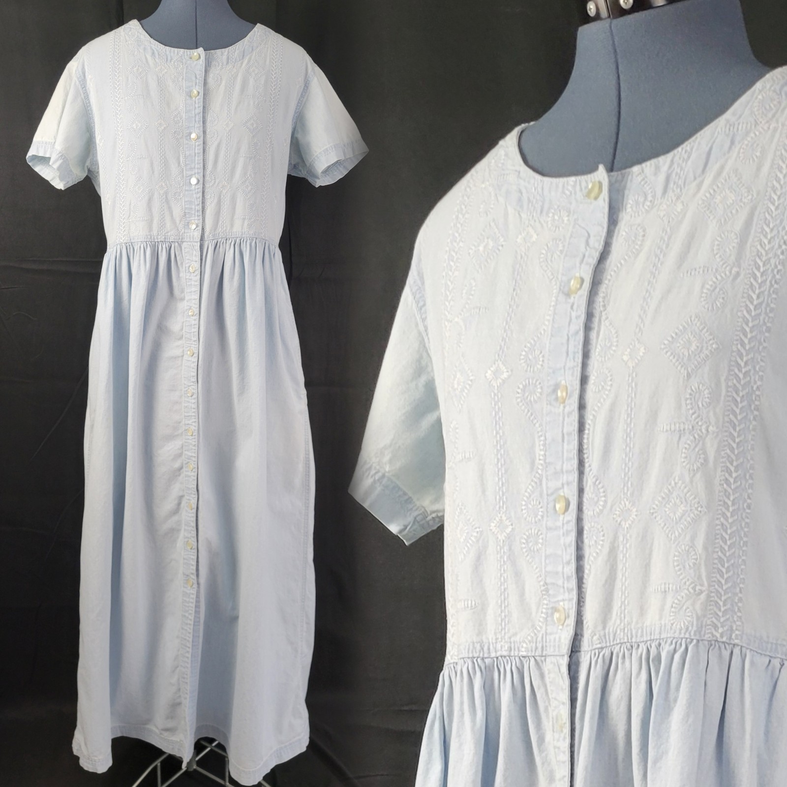 Vintage Liz Wear Lt Blue Washed Denim Dress w Embroidered Size Large