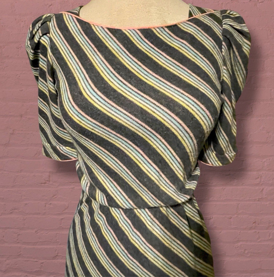 Vintage 1980’s Knit Grey & Pastel Pink, Blue, & Yellow Striped Dress