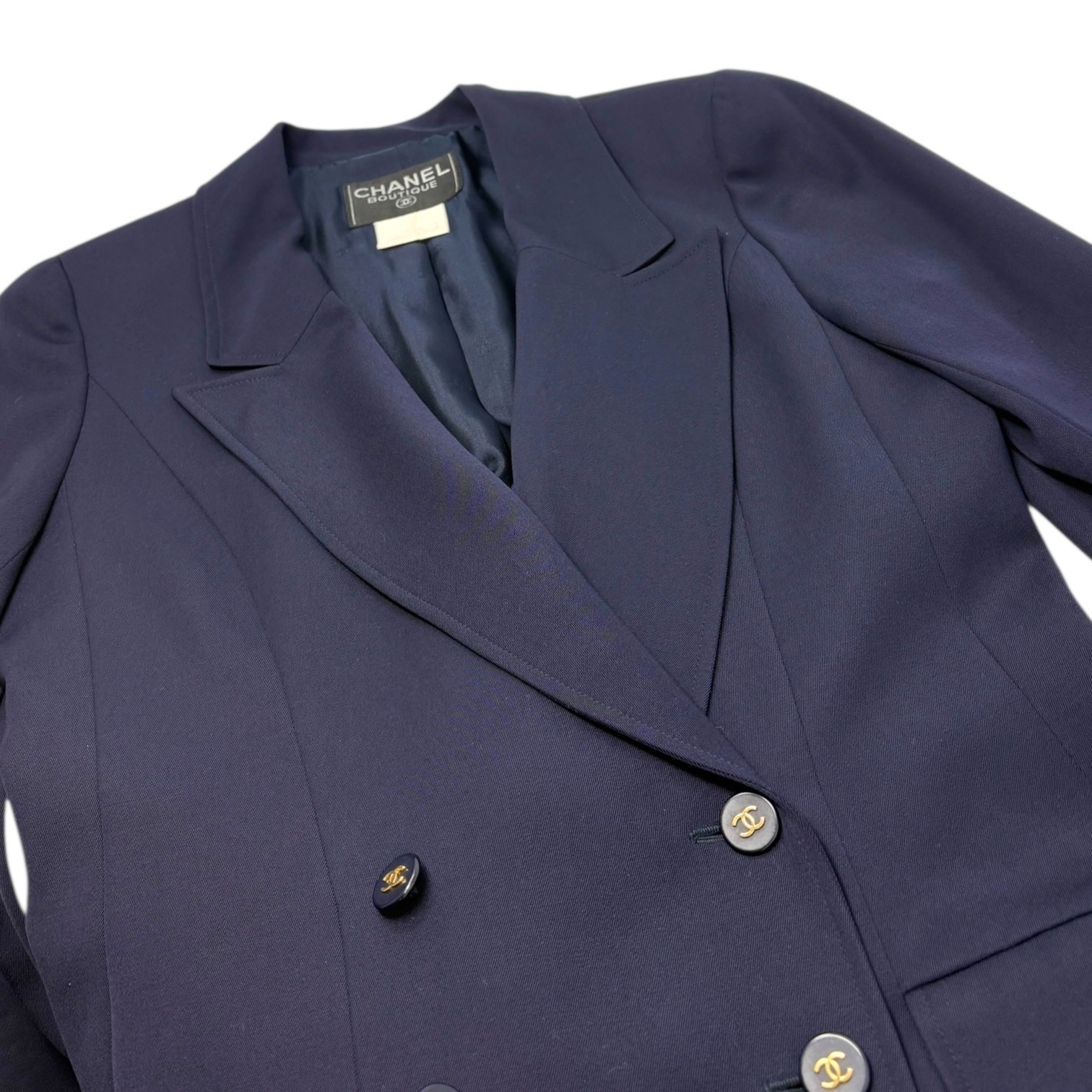 CHANEL Vintage 97P CC Logo Button Blazer Jacket #42 Dark Blue Gold Wool Pocket