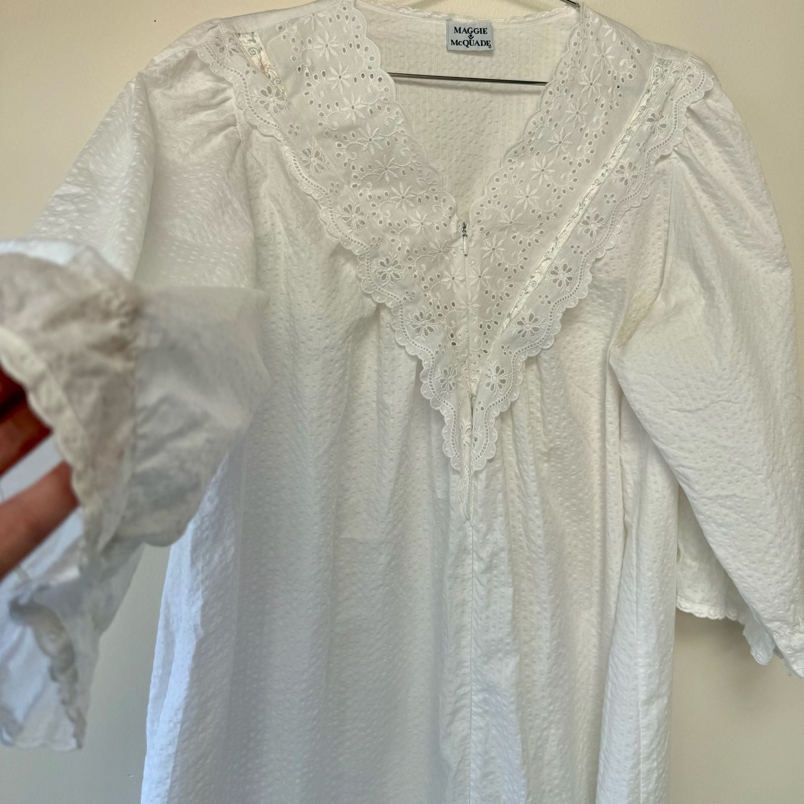 Vintage Maggie McQuade White Seersucker Nightgown with Eyelet Lace Trim