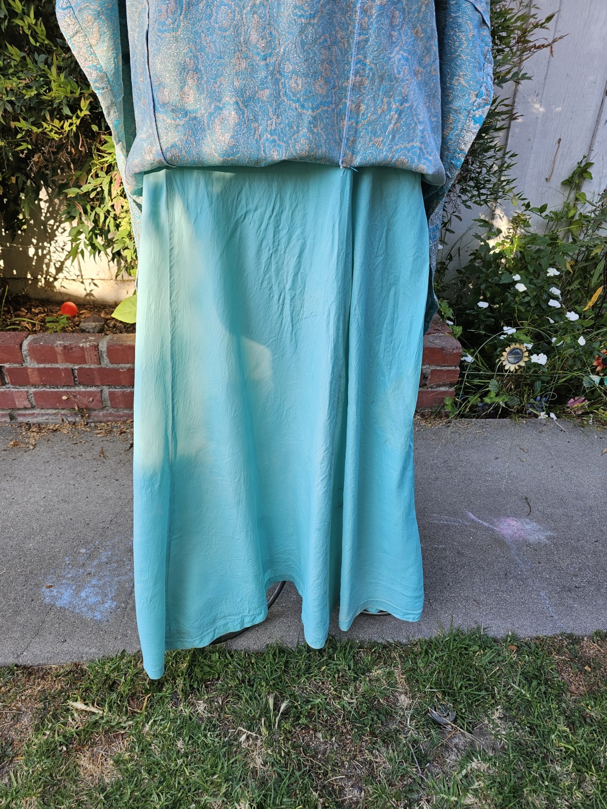 Vintage 1960s Blue Silver Paisley Brocade Empire Waist Formal Full Length Gown