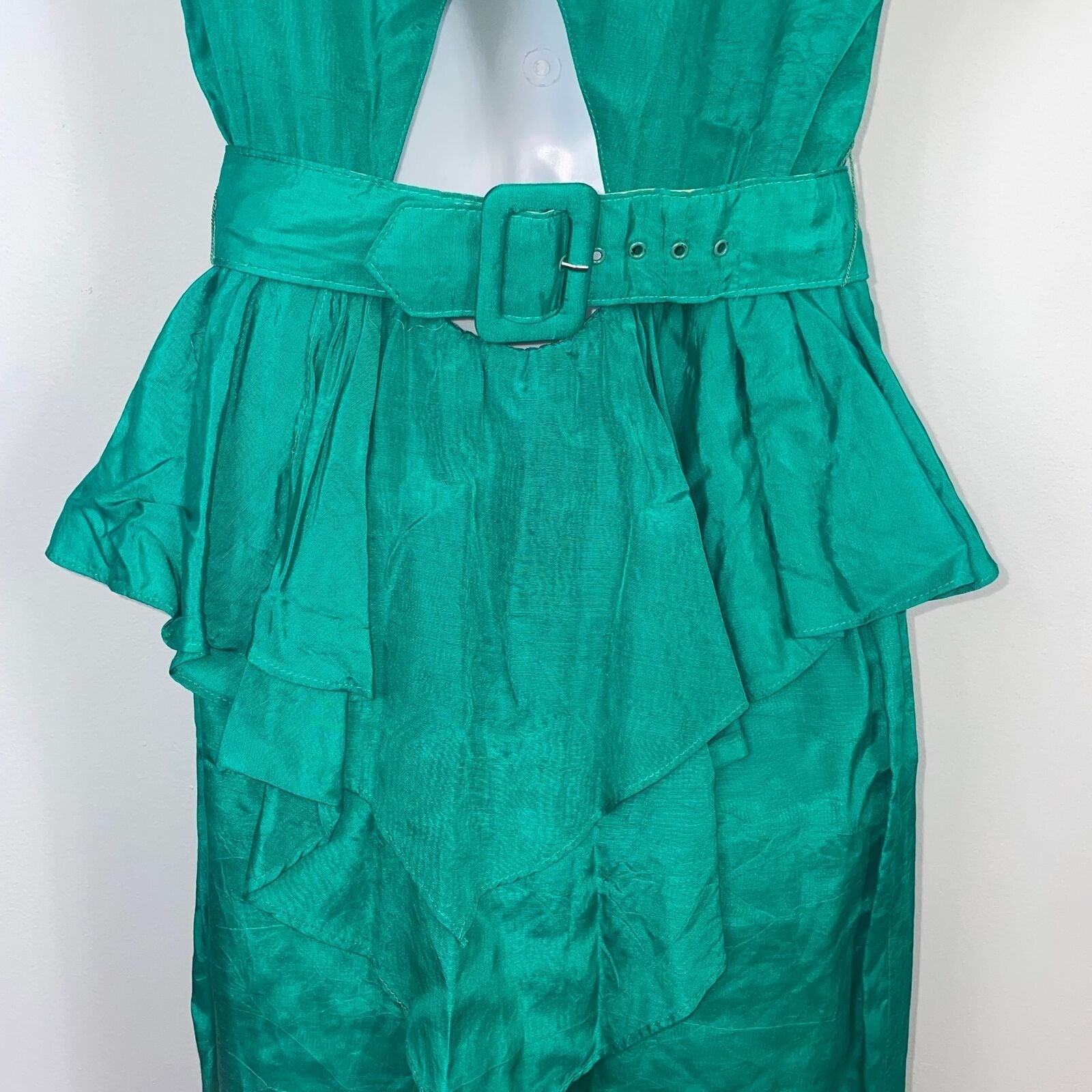Vintage 80s Brioche Sheath Dress Womens M Green Short Sleeve Peplum