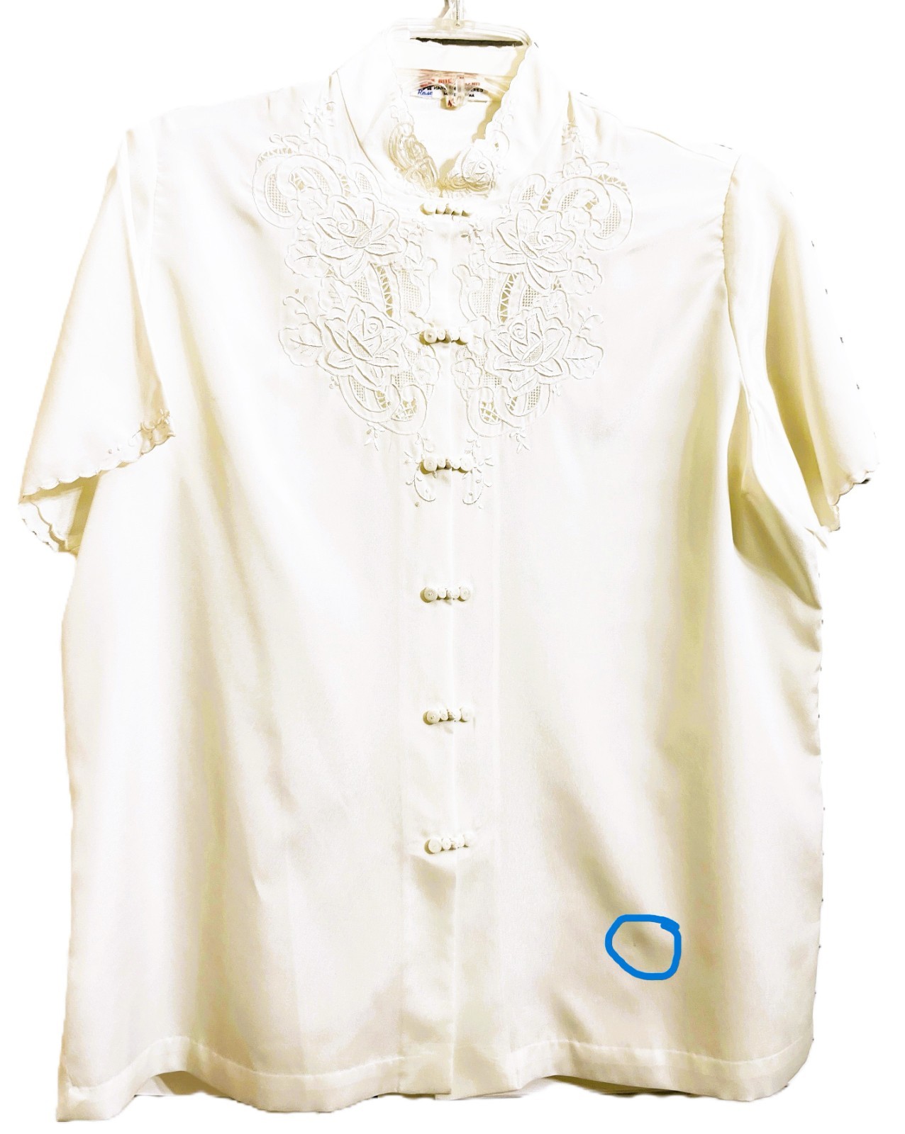 Rose Brand Chinese White Silk Hand Embroidered & Cutwork Blouse Top Sz 42
