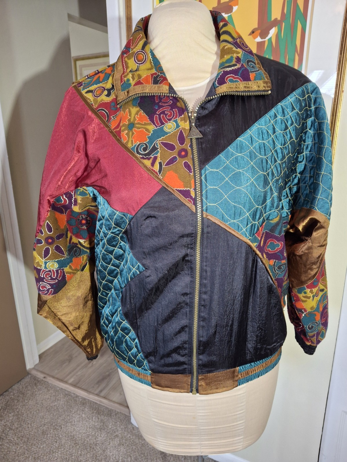 Vintage Casual Isle Patchwork Bomber Jacket Womens Medium Full-Zip Multicolor