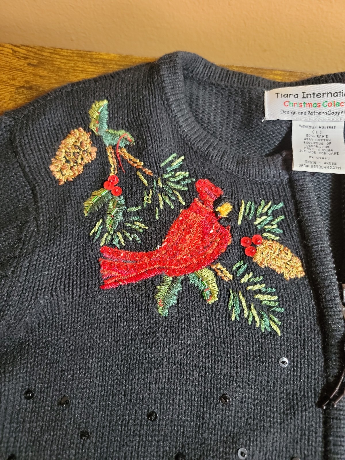 Tiara International Vtg Zip Christmas Sweater Cardinals Embroidered Black large