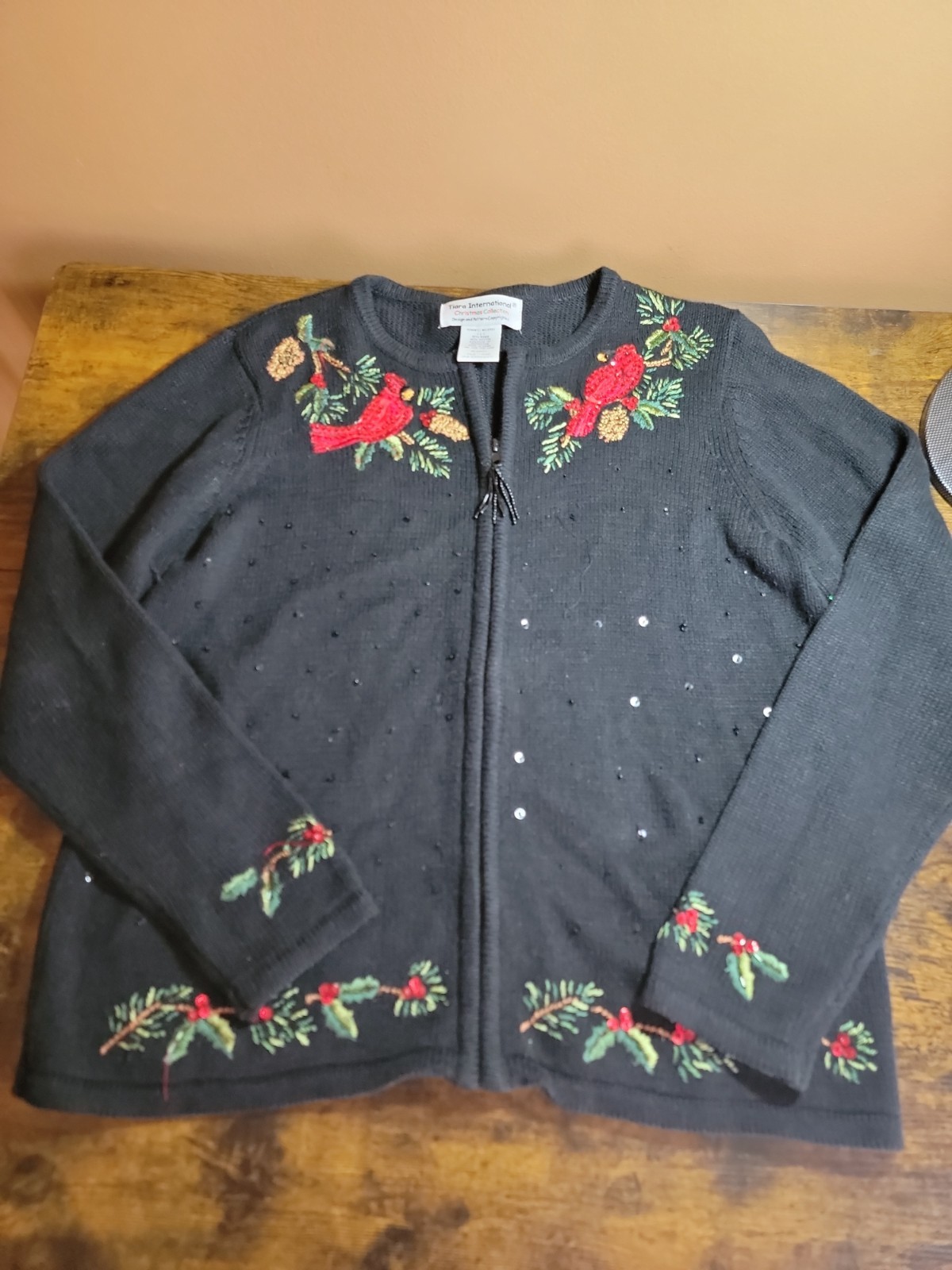 Tiara International Vtg Zip Christmas Sweater Cardinals Embroidered Black large