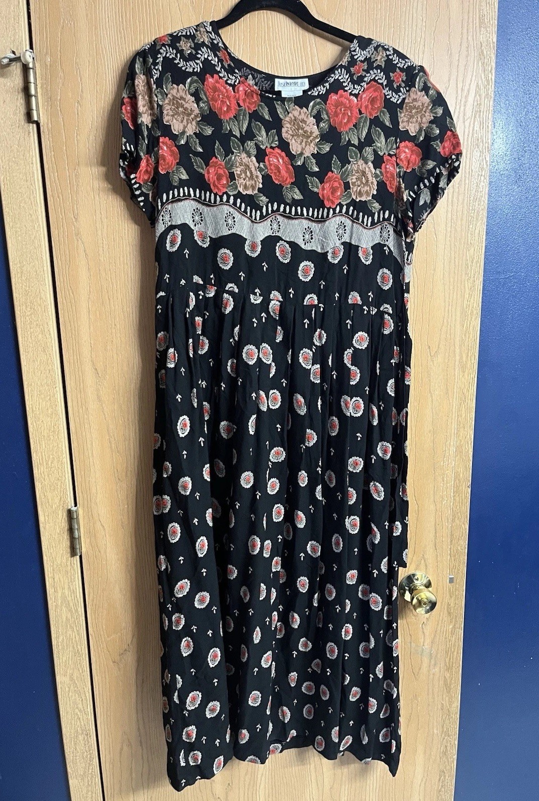 Vtg Just in Thyme Black Rose Floral Lace Brooch Printed Maxi Dress Whimsical 16