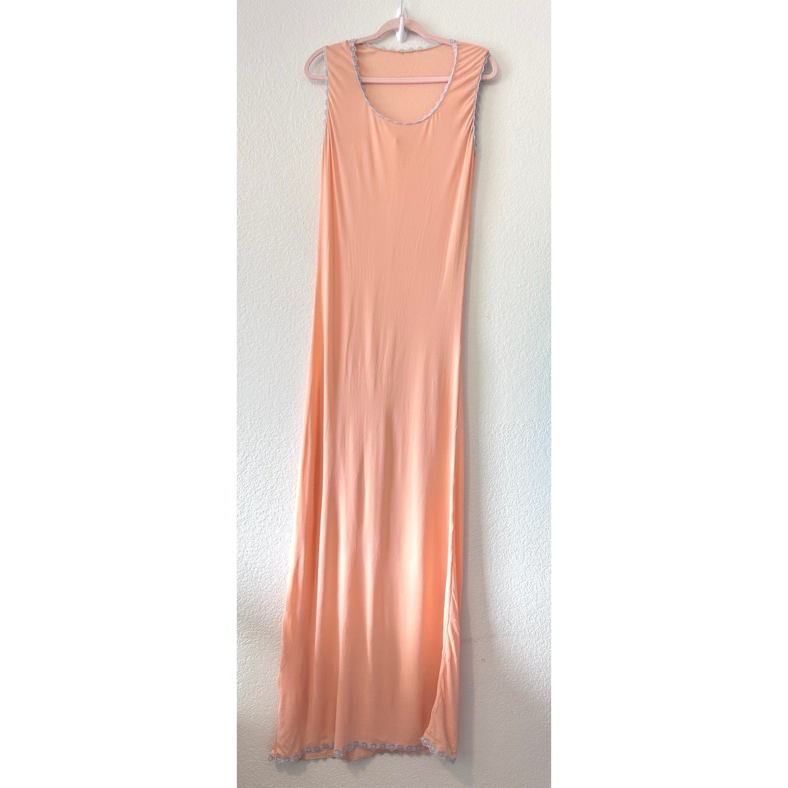 Vintage Peach Sleeveless Maxi Nightgown Slip Dress Blue Floral Lace Trim OS