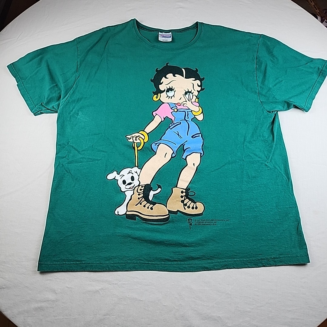 VTG Betty Boop Green Short Sleeve Graphic Shirt Size 2XL 1997 Dog Walking