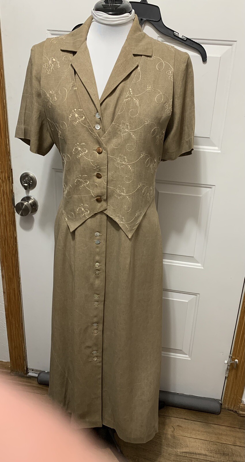 Vintage Brown K Studio Dress W/Attached tie Vest, Shell & Carved Buttons, Sz 14