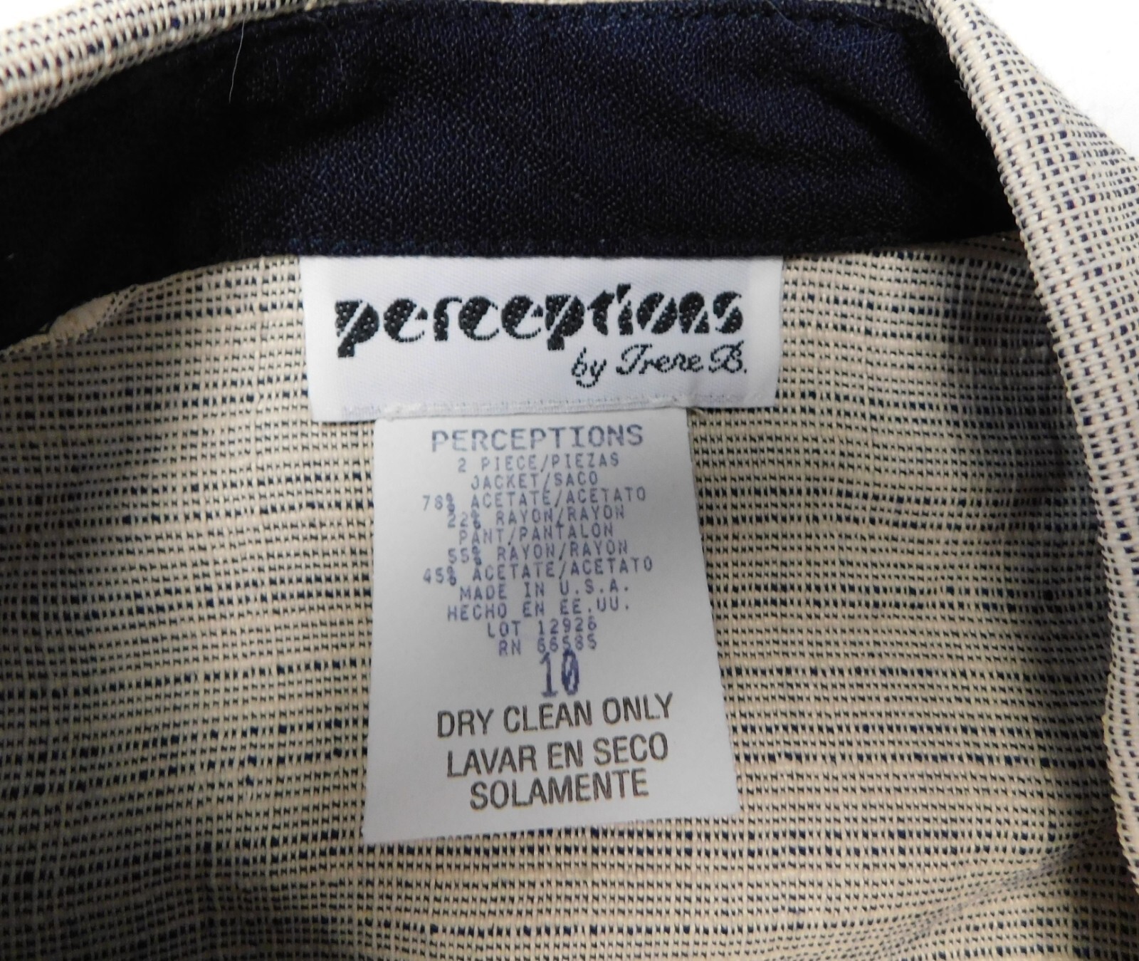 Vintage Perceptions by Irene B Button-Up Collared Suit Jacket Size 10 Beige-Navy