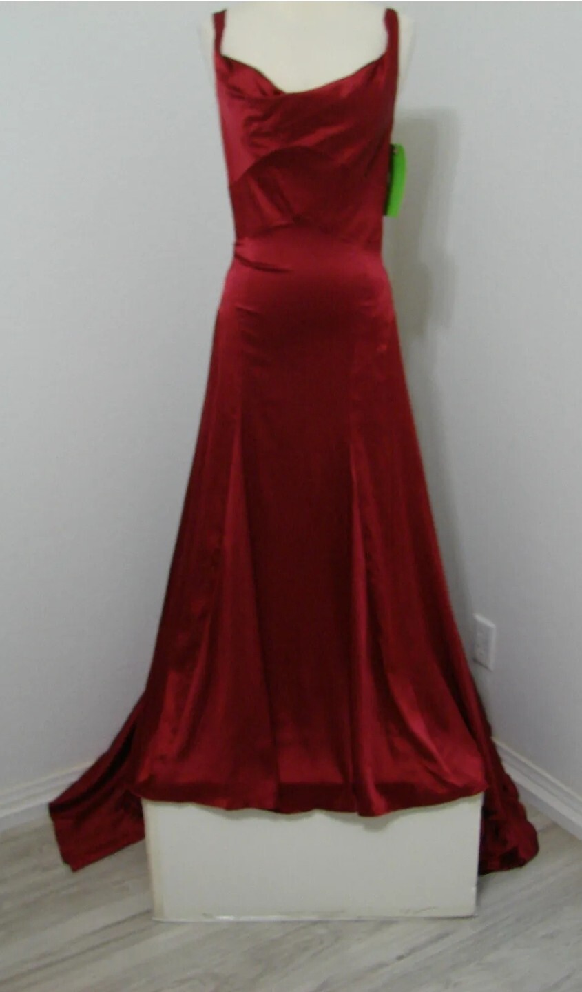 Vintage Cherry Red Bias Cut Low Back Crystal Ruched Formal Gown Huge Train