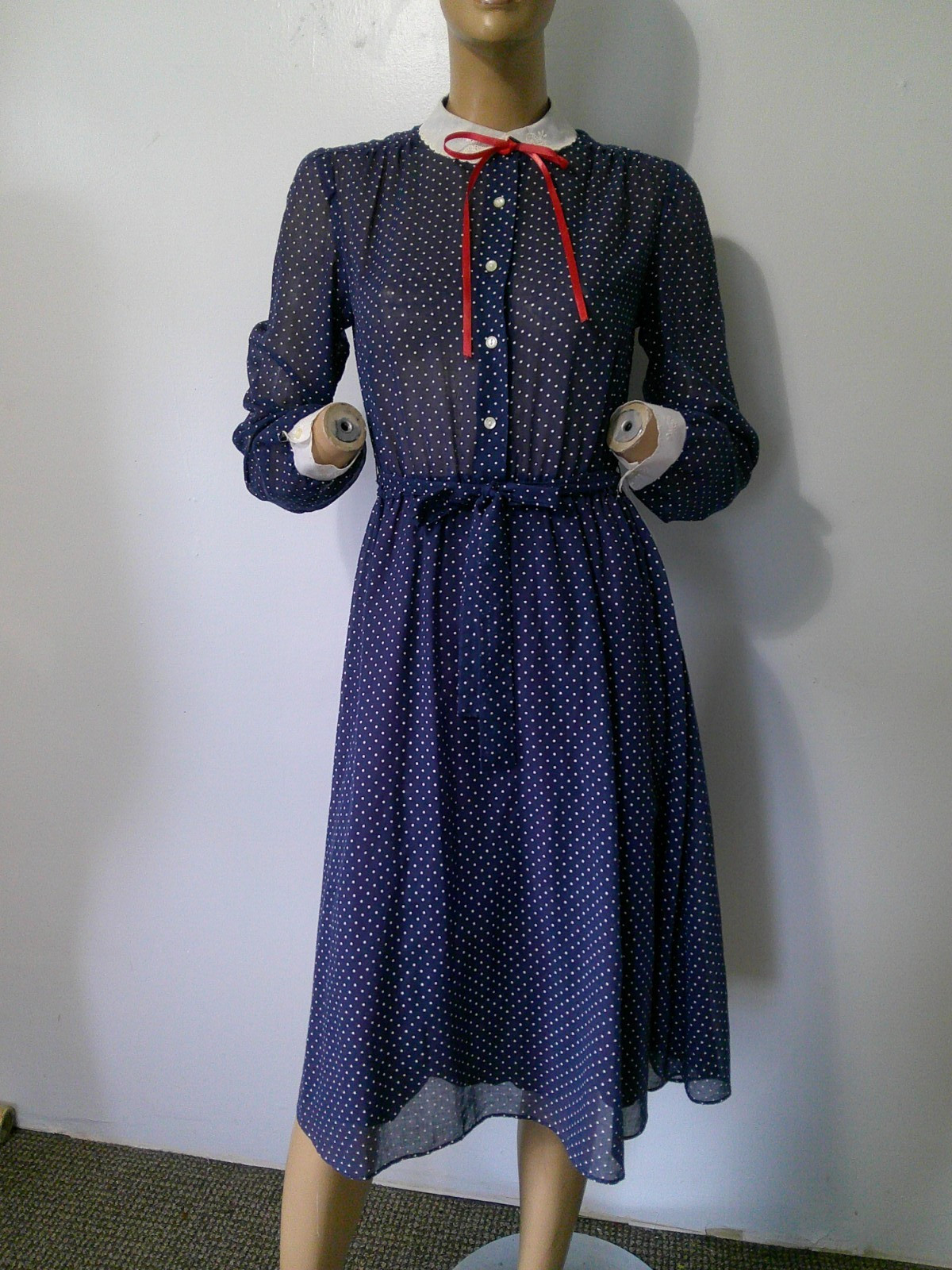 Vtg 70s Navy & White Tiny Dot Semi Sheer Modest Secretary Day Dress Fit Flare M