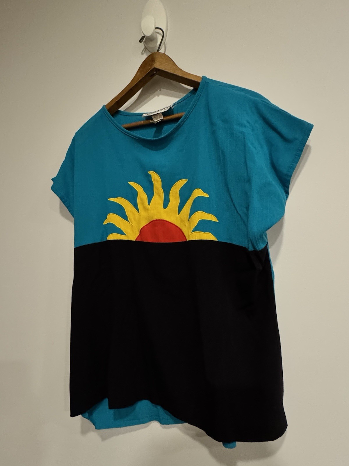 Vintage Peter Popovitch Teal Sunrise/Sunset Blouse Oversized Medium Boho Style