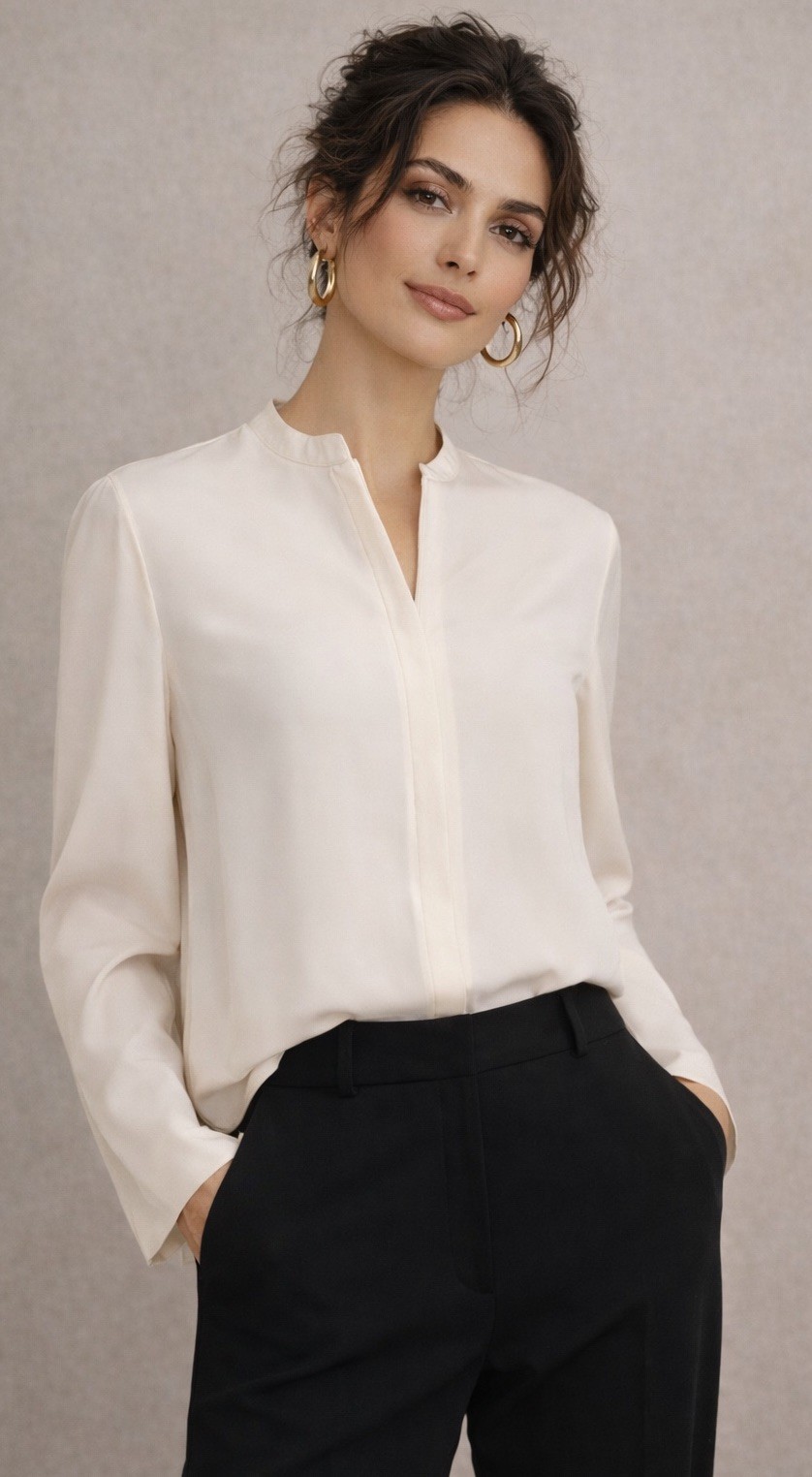 Giorgio Armani Le Collezioni Size 4 Blouse Silk Blend Ivory Luxury Designer Zip