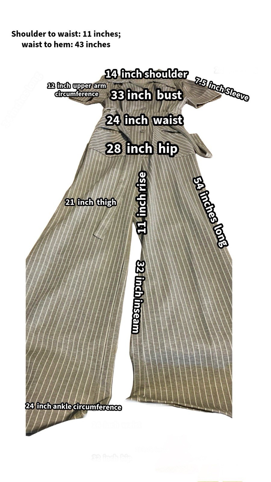 VINTAGE CIRCA 1970’S GRAY & WHITE UNION MADE PINSTRIPE BELL BOTTOM JUMPSUIT SZ S