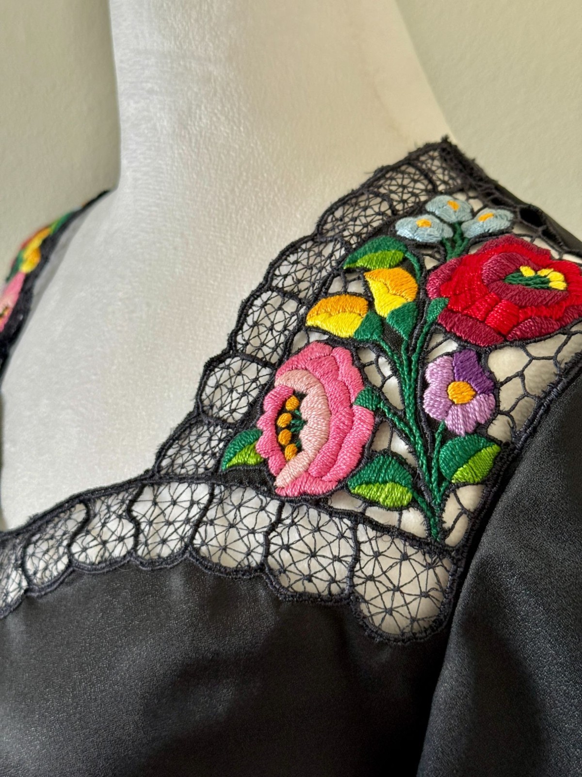 Vintage 1970s Long Sleeve Black Kalocsa Hungarian Folk Blouse With Floral