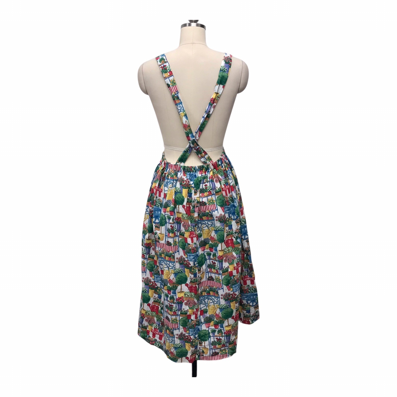 VTG Apron Dress Pinafore Mid Length Flower Garden Plants Pockets READ Sz L