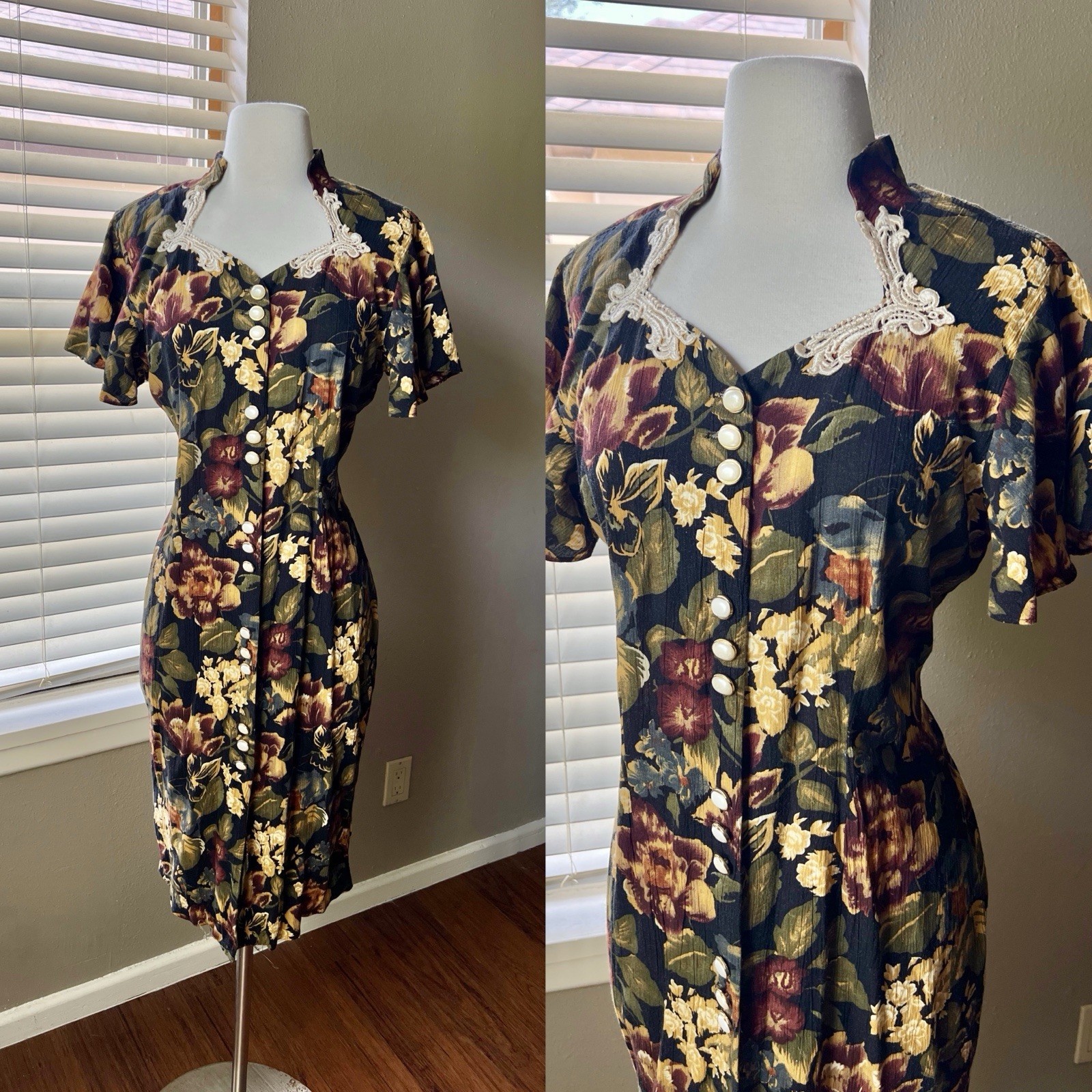 Vintage 90s Prairie Midi Dress 8 Brown Floral Button Lace Trim Winged Romantic