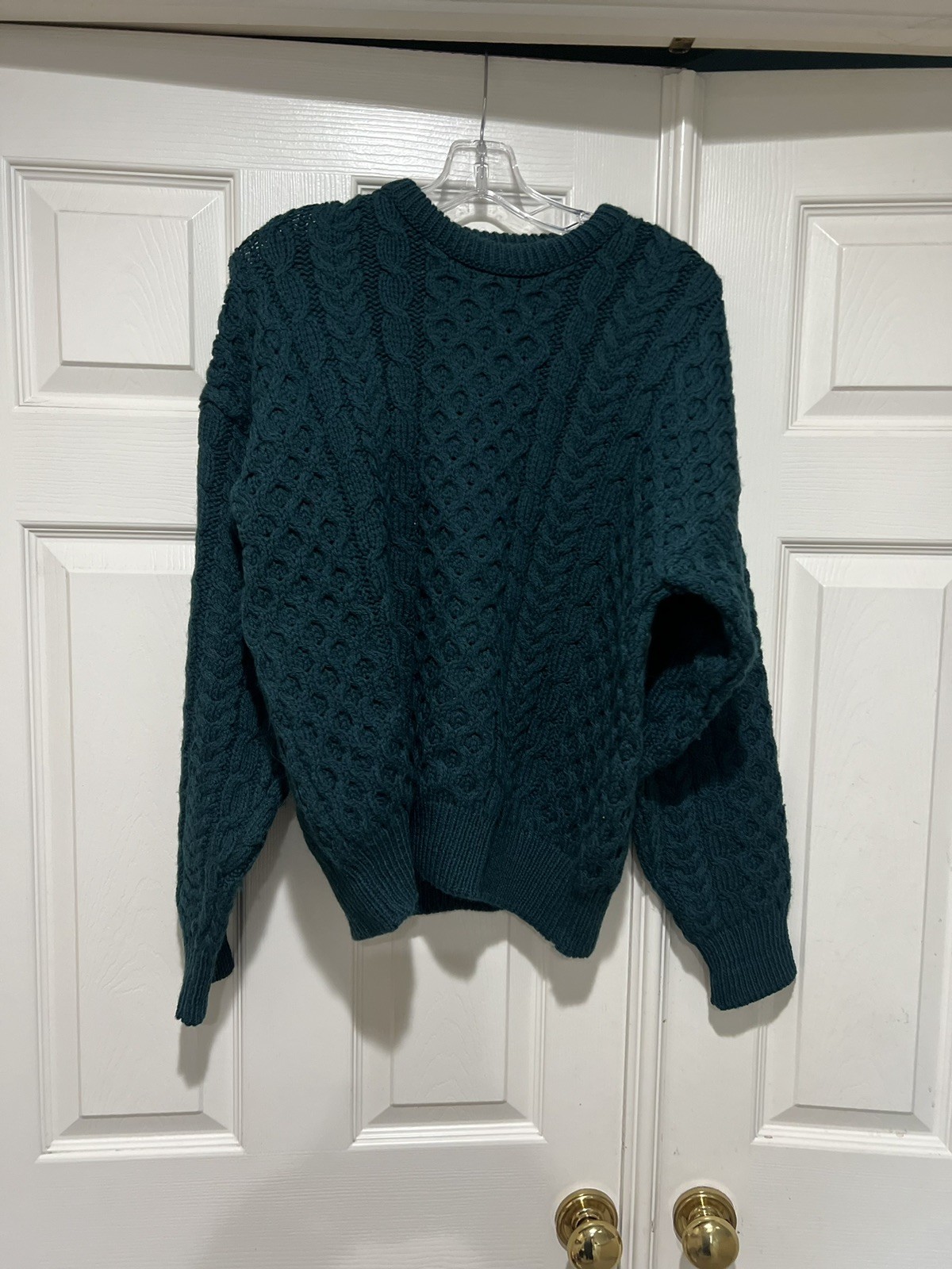 VNTG Nordstrom Knit Emerald Green Irish Wool Fisherman Cable Chunky Sweater M