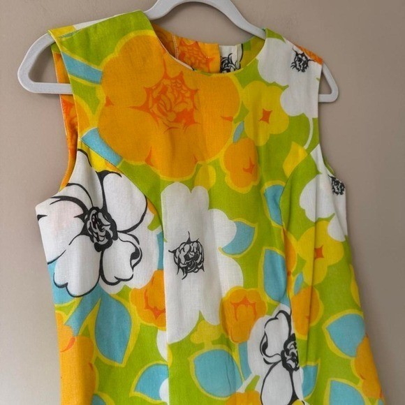 Vintage 60s Floral Dress + Short Set High Waist Mod Orange Green White Dayglow