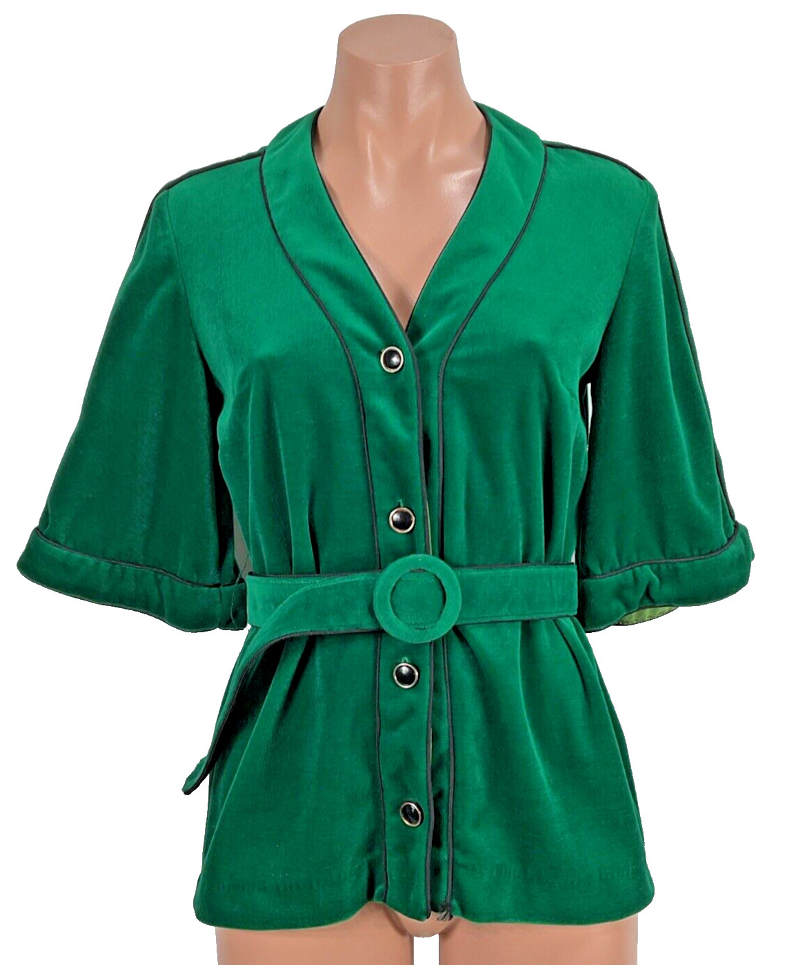 Vintage 70s Blouse Blazer Emerald Green Belted Smoking Jacket sz 12 Holiday