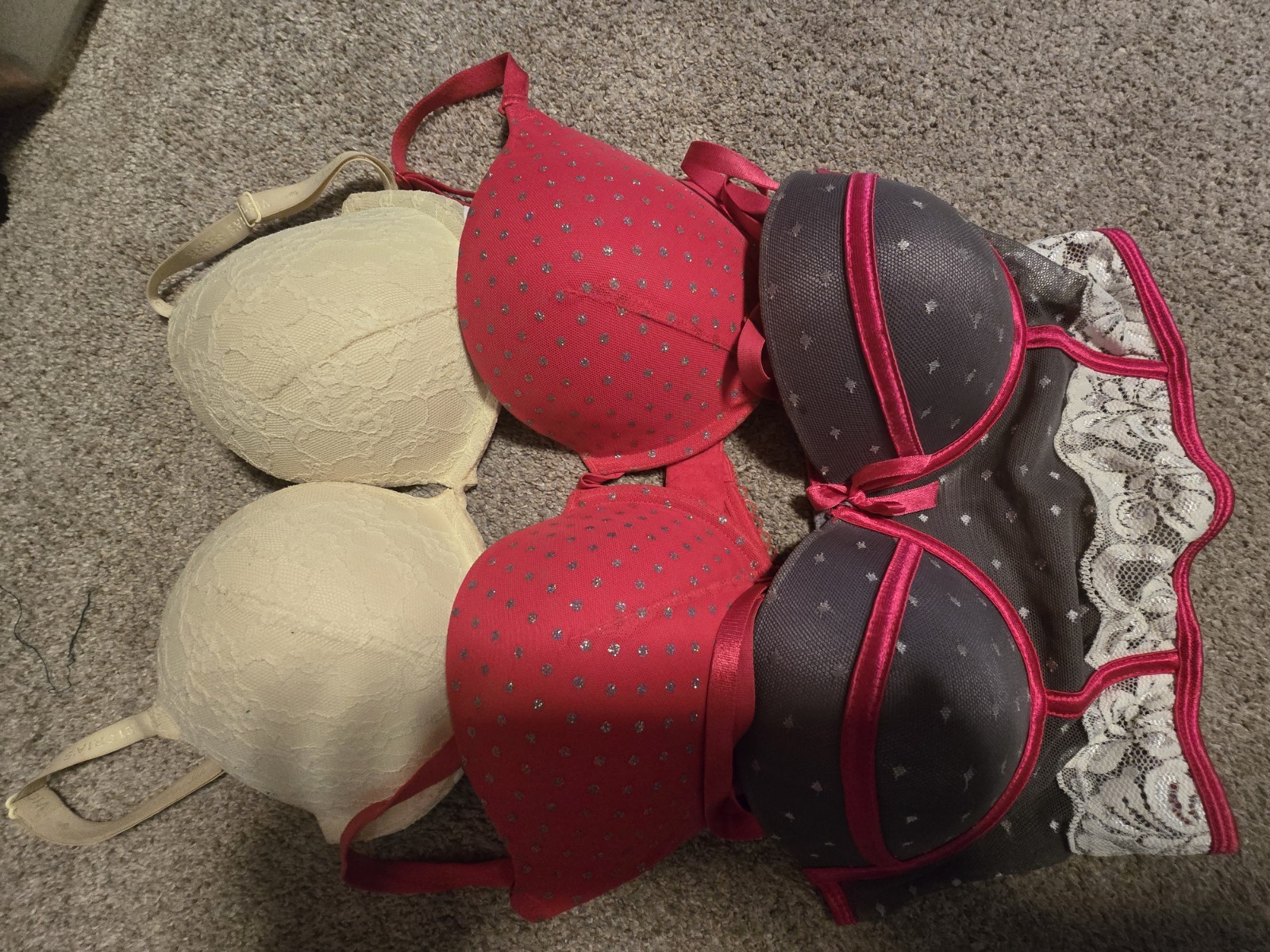 Victoria Secret Yellow And Red Bra, 32DD, And Charlotte Russe Grey/pink Bra, 36D