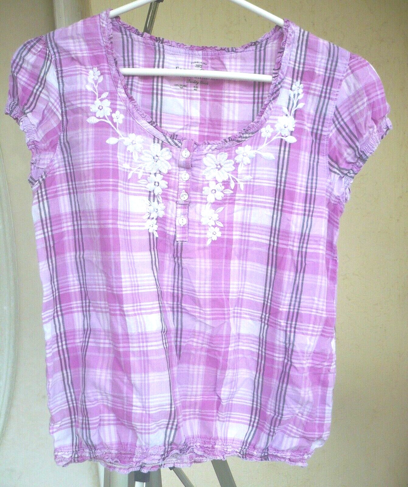 FADED GLORY ORGANIC COTTON EMBROIDERED XS S PURPLE PLAID PEASANT COUNTRY BLOUSE