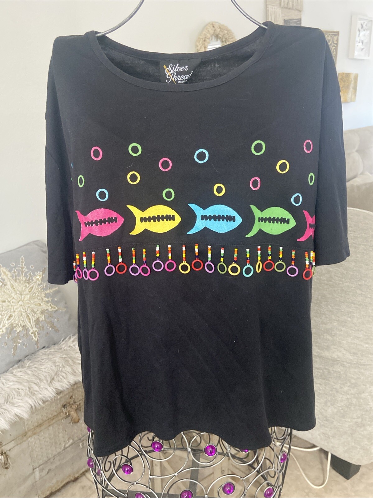 Vintage 1980’s Silver Threads LTD Crazy Outlandish Fish Disco Hippy Boho Shirt L