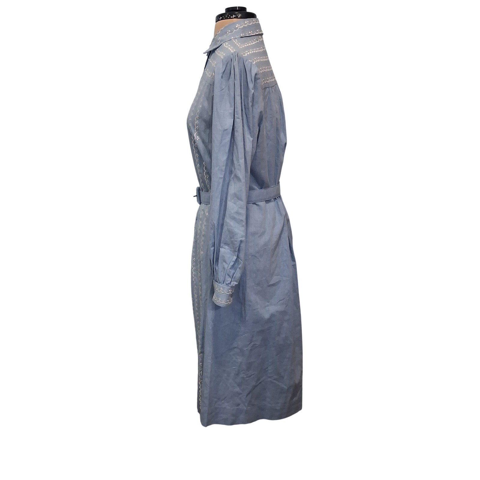 Serbin Marianne Shirt Dress Rockabilly Blue Eyelet Embroidered Belted SZ 10 USA