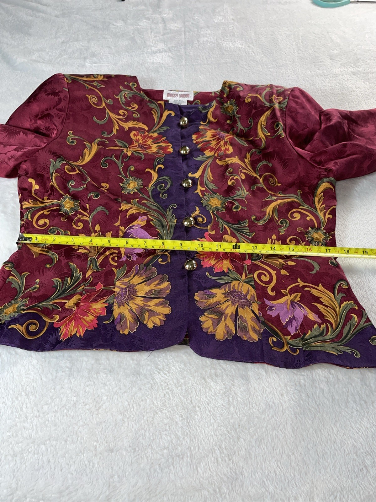 Maggy London Vintage Multi Color Floral Print 100% Silk Button Down Jacket 12