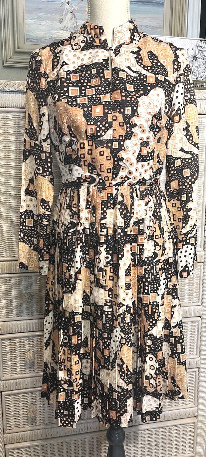 Vtg 1970’s Jaguars Psychedelic Print Dress S Mandarin Collar Pleated Skirt Union