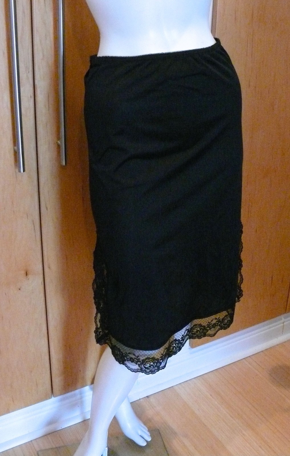 1970`s Classic Sexy Disco Black Half Slip with Two Lacy Side Slits S