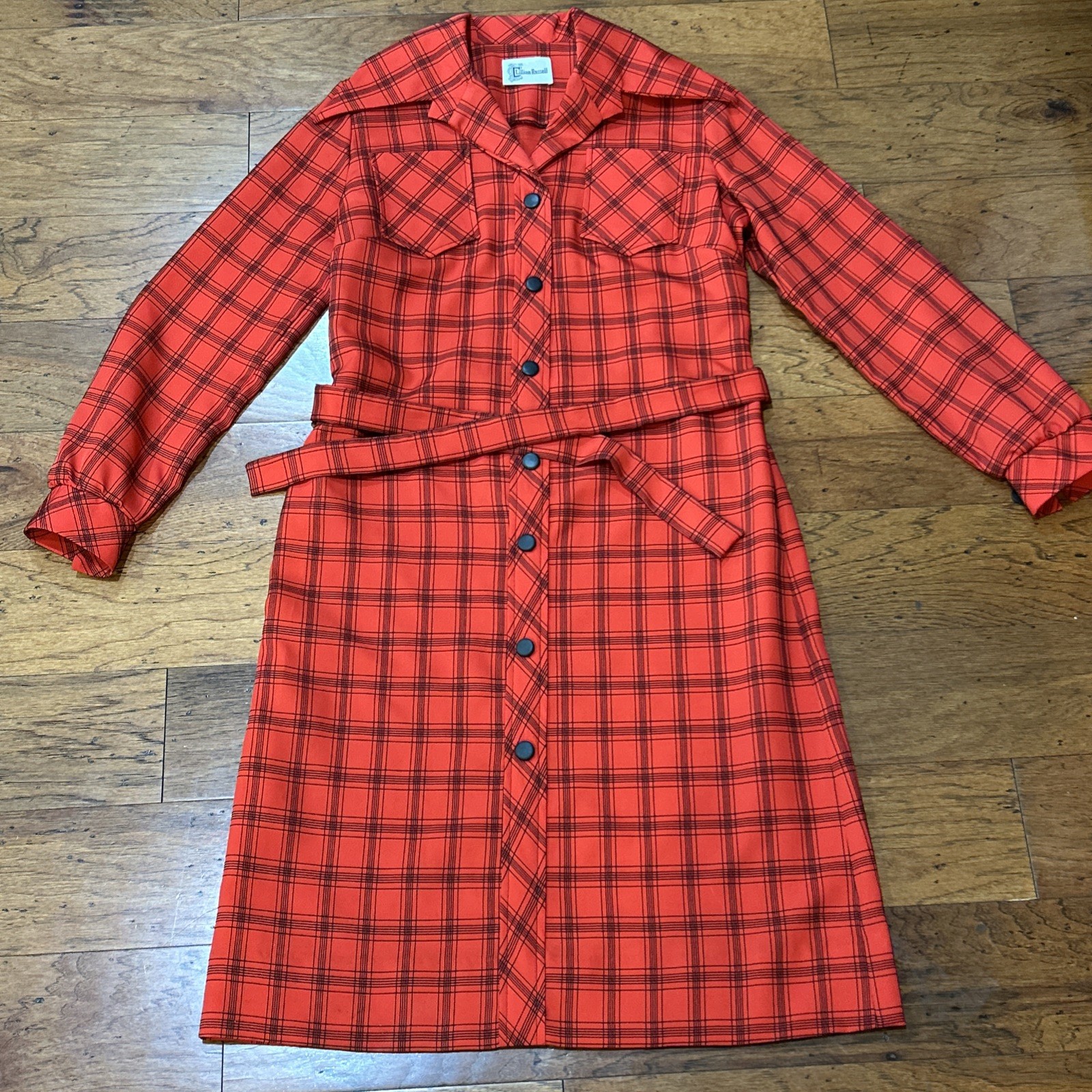Vintage Red Black Plaid stripes Shirt Dress Polyester Knit Medium Large EUC