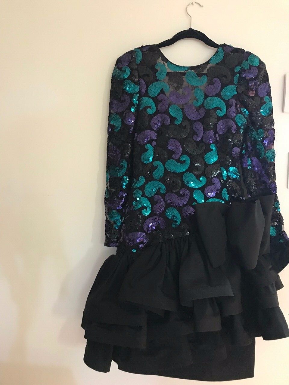 Julie Duroche after five dress sequined, long sleeve, tiered skirt