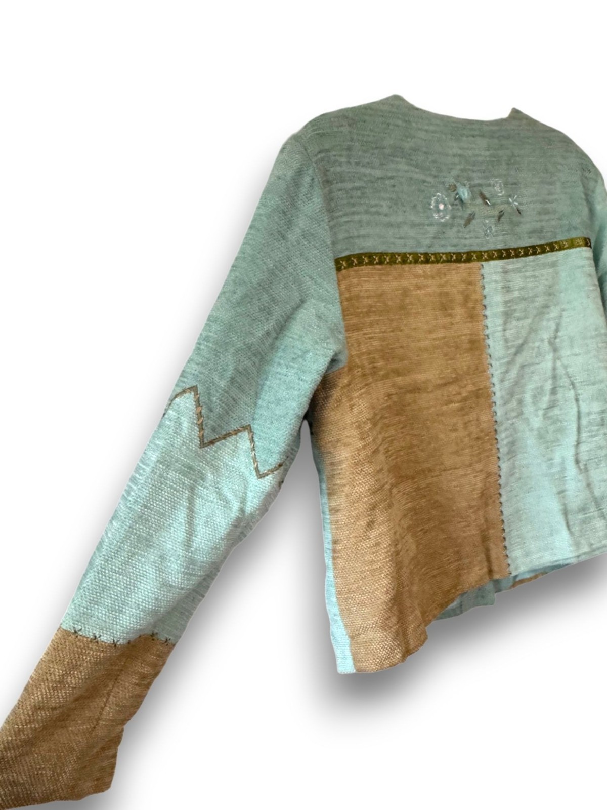 Vintage Napa Valley Petites Patchwork Jacket Size Large Blue Tan Floral Embroide