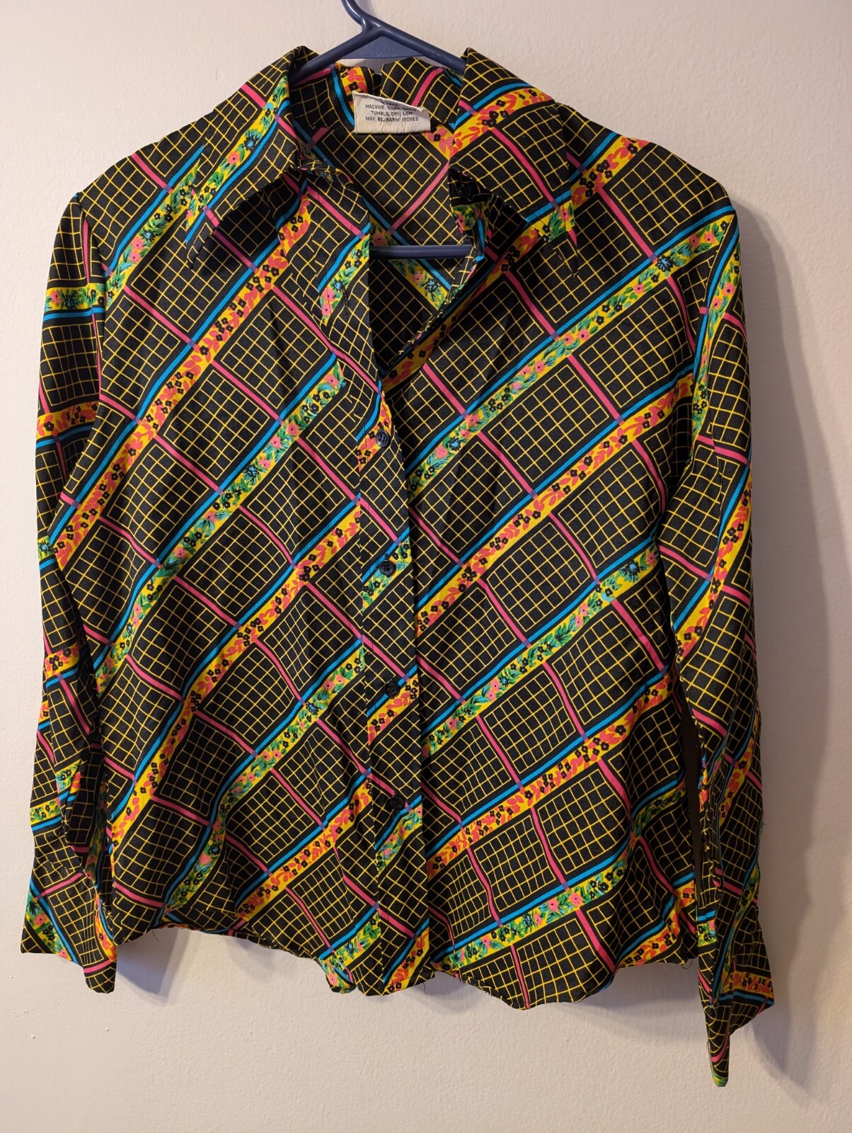 VTG 70’s Collared Polyester Button Up Psychedelic Print Women’s Blouse Size 36