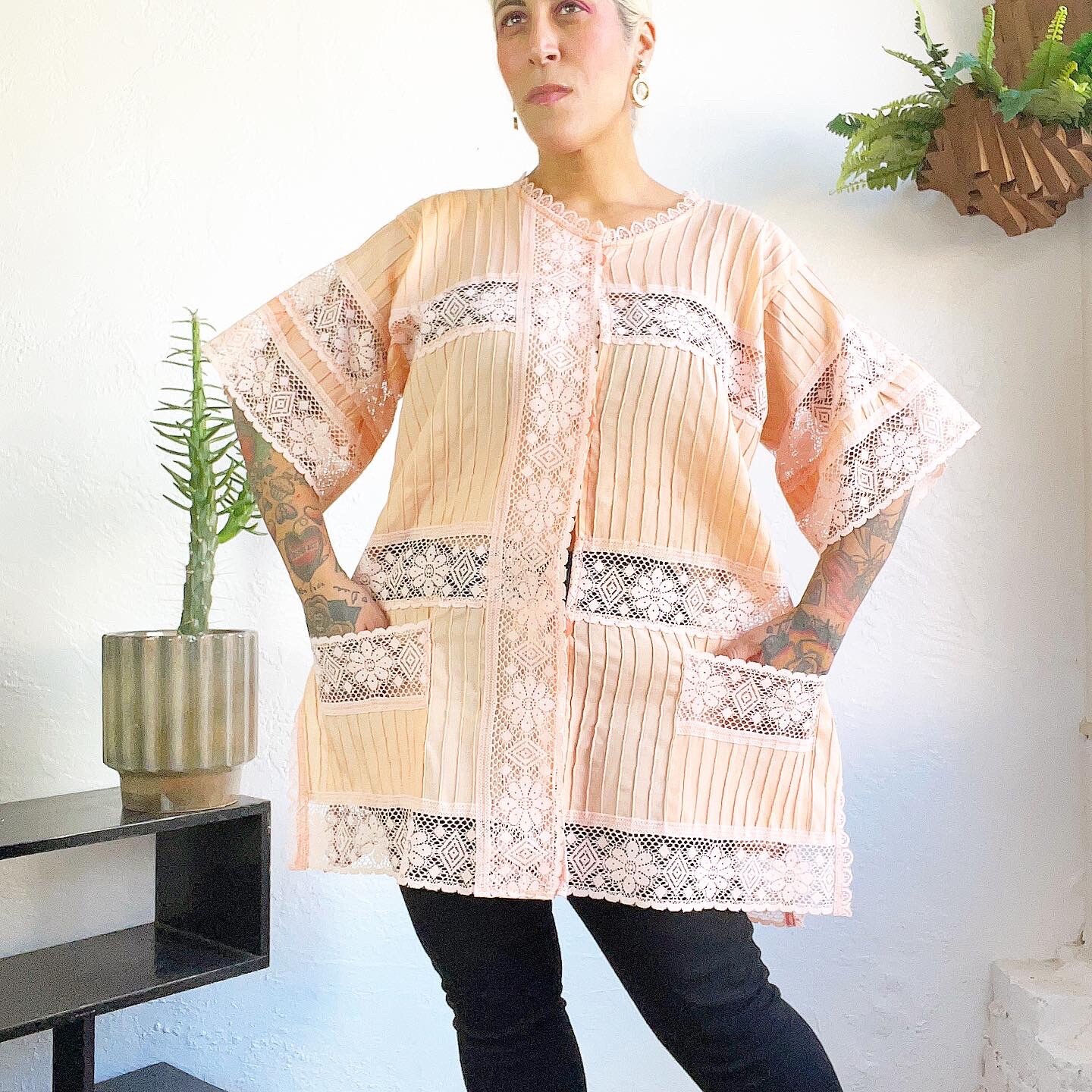 PINTUCK PEACH Cotton Lace 70’s 70s Vintage Mini Dress Tunic Blouse Cover Top XL